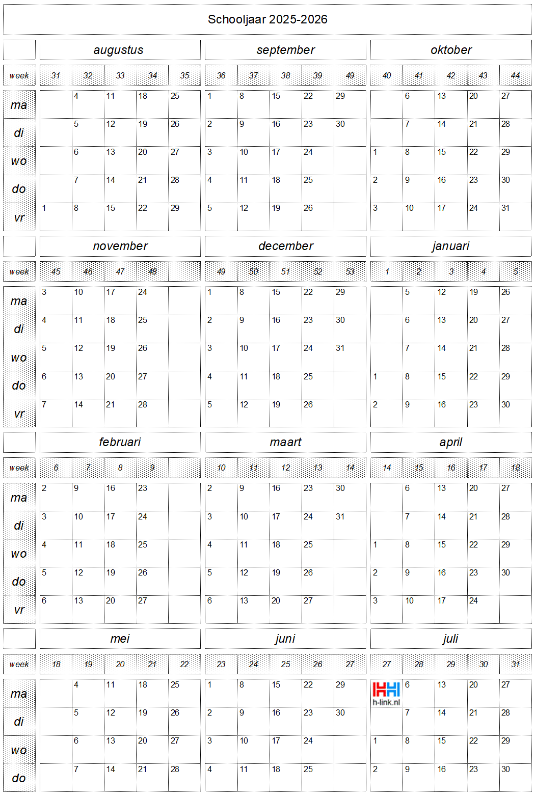 schooljaar kalender 2025 2026